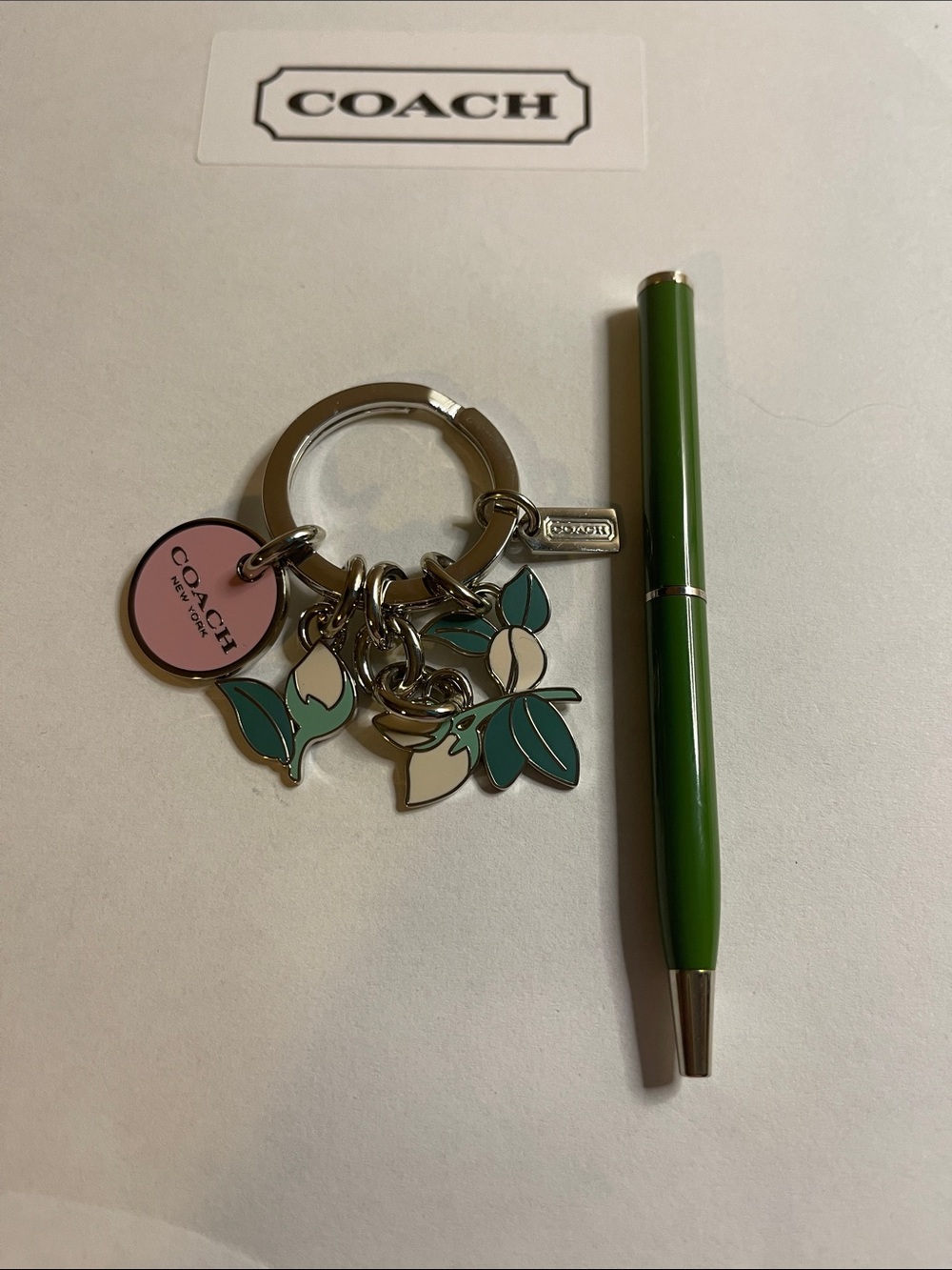 Coach Pink Logo and Green Floral Enamel Key Ring and Coach Pen